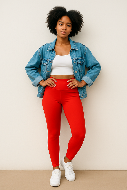 woman wearing Scarlet seamless red high-waisted leggings with visible side pockets, IHAMORA women’s activewear XS–XL