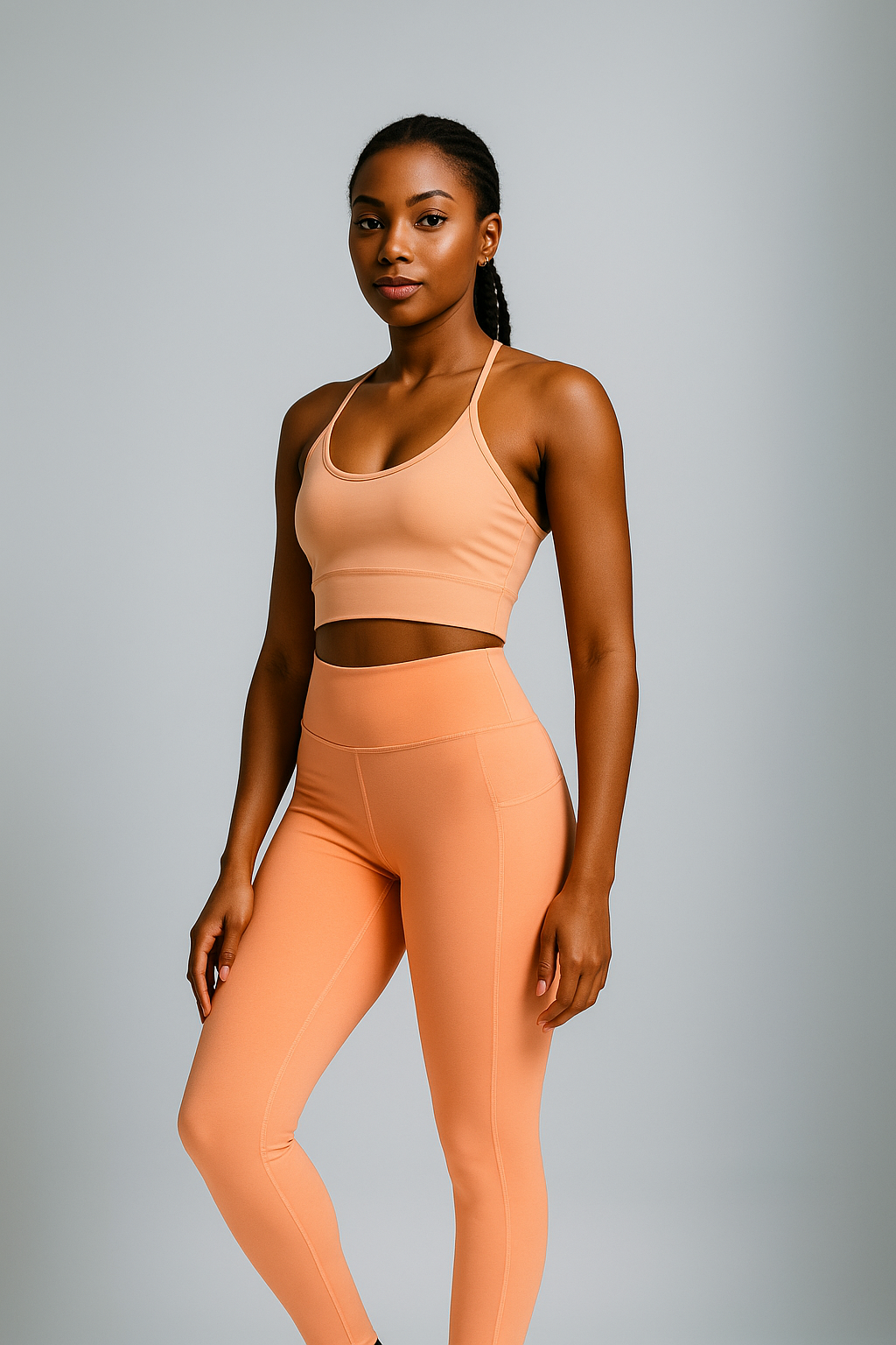 woman wearing orange Peach seamless high-waisted leggings with hip pockets, IHAMORA activewear XS–XL