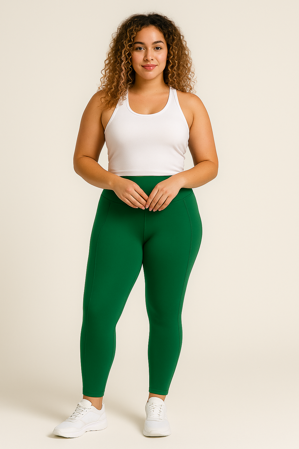 Woman wearing High-waisted vibrant green leggings with pockets on the sides, designed for comfort and style.HAMORA activewear XS–XL