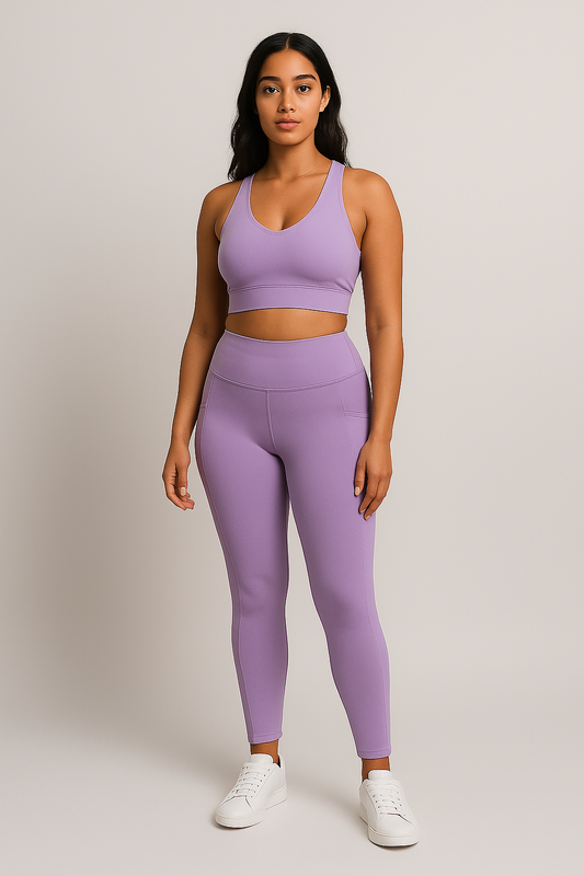 Lilac high-waisted leggings with visible side pockets, IHAMORA women’s activewear XS–XL