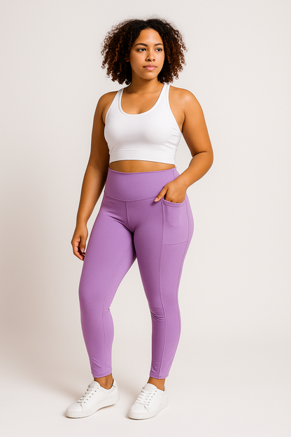 Lilac high-waisted leggings with visible side pockets, IHAMORA women’s activewear XS–XL