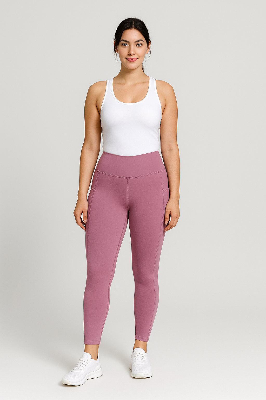 Dusky Pink high-waisted leggings with visible side pockets, IHAMORA women’s activewear XS–XL
