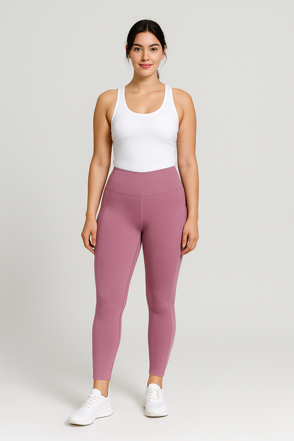 Dusky Pink high-waisted leggings with visible side pockets, IHAMORA women’s activewear XS–XL