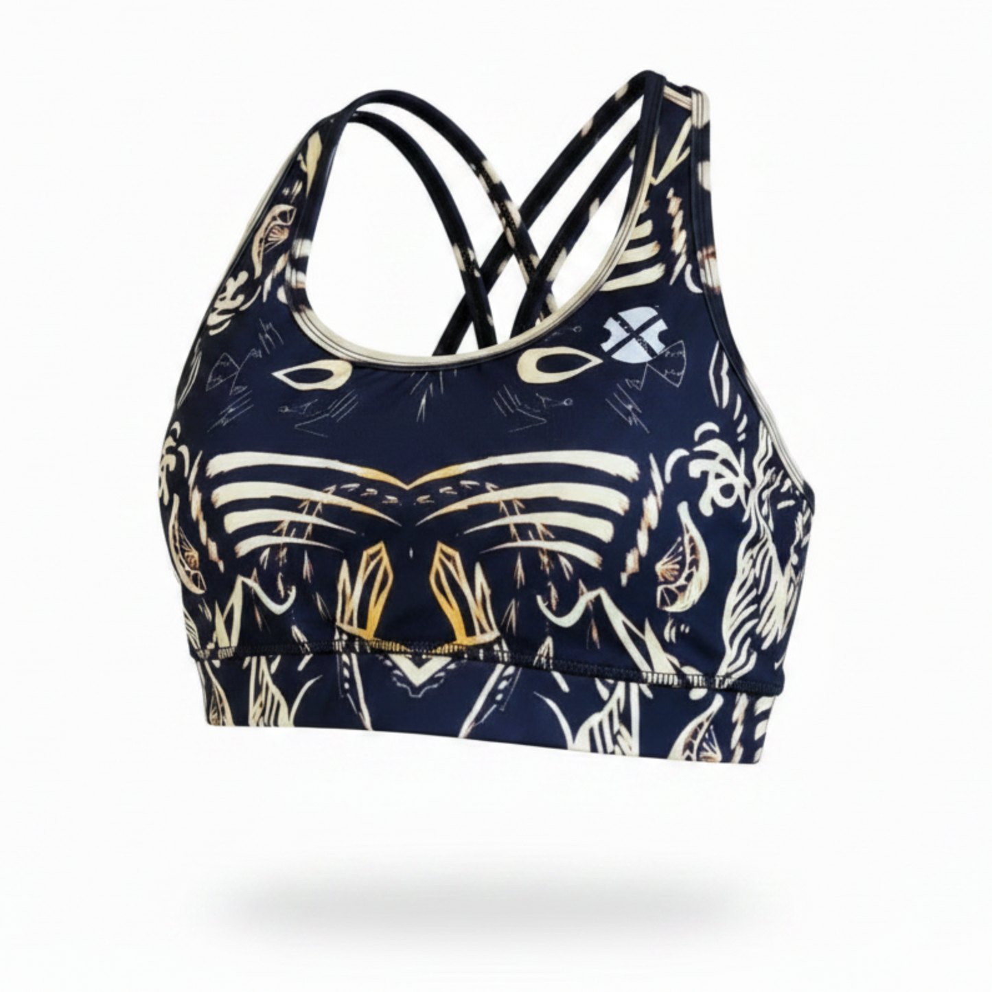 Navy sports bra with white and gold abstract pattern on a white background