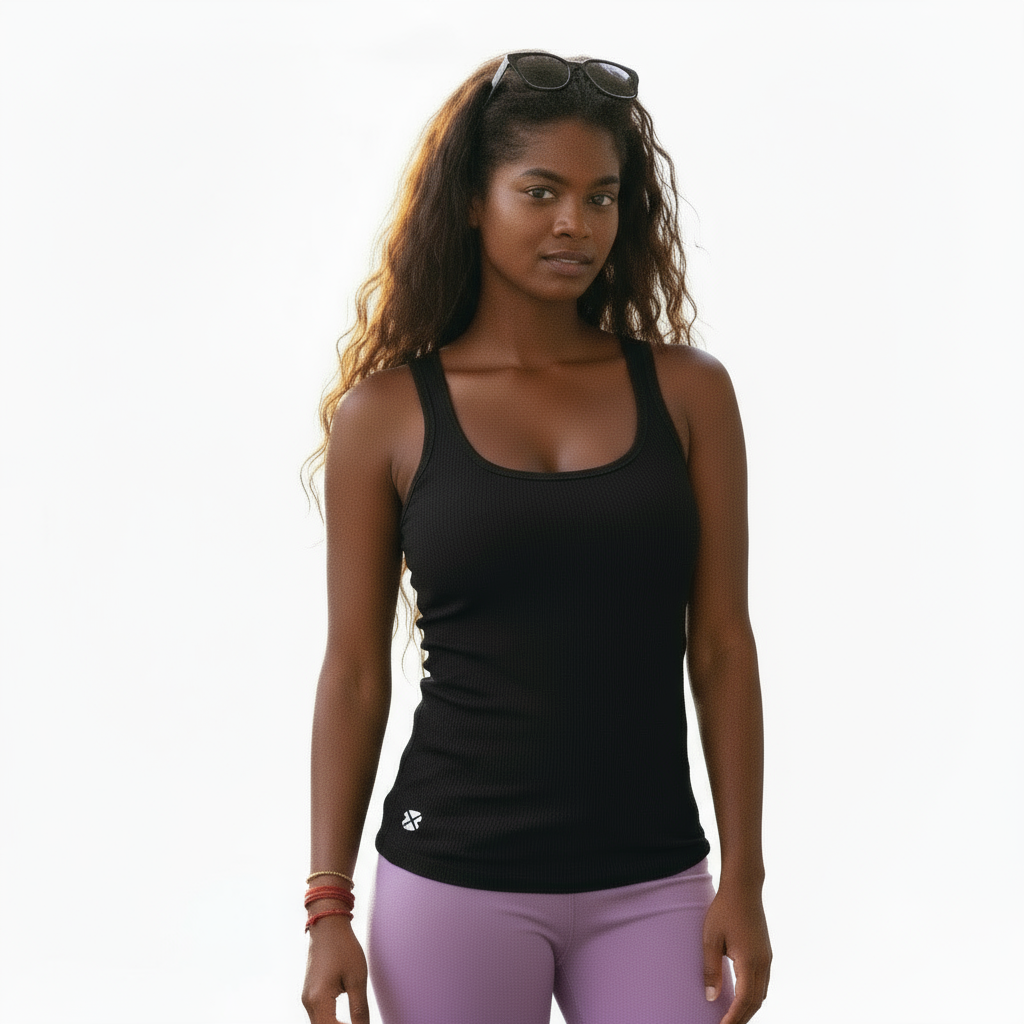 Woman wearing a black tank top and purple leggings on a white background