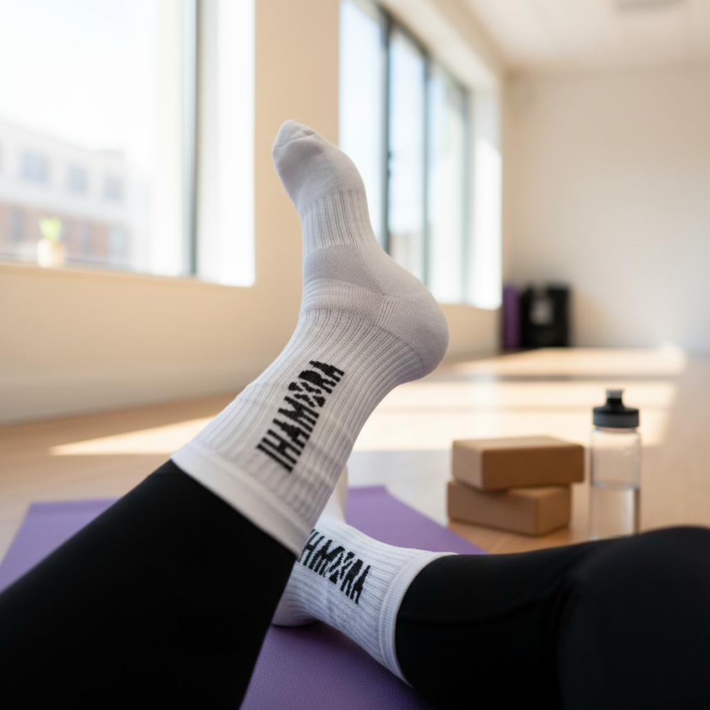 Person wearing white socks with 'IHAMORA' branding in a studio.