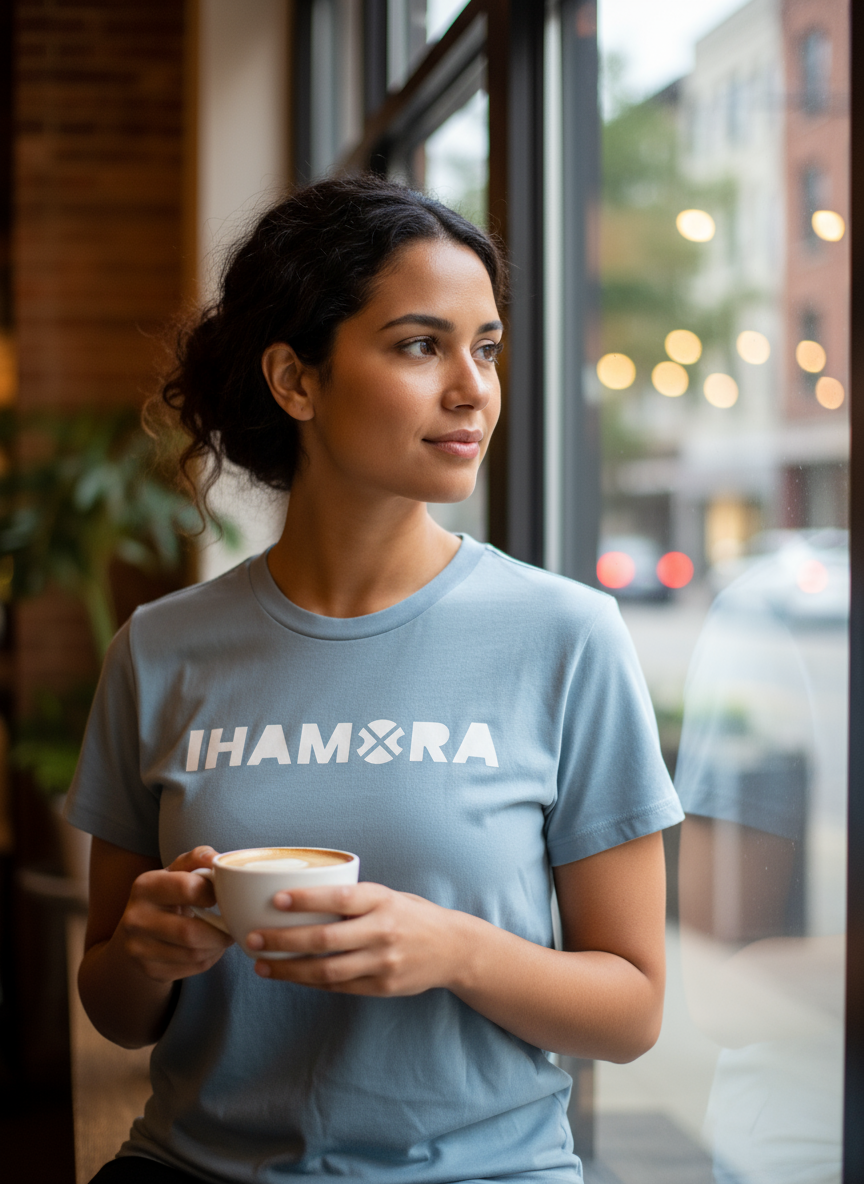 A white relaxed boxy tee with 'IHAMORA Aura LOGO' printed in blue on the front, displayed on a hanger.