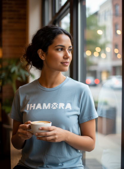A white relaxed boxy tee with 'IHAMORA Aura LOGO' printed in blue on the front, displayed on a hanger.