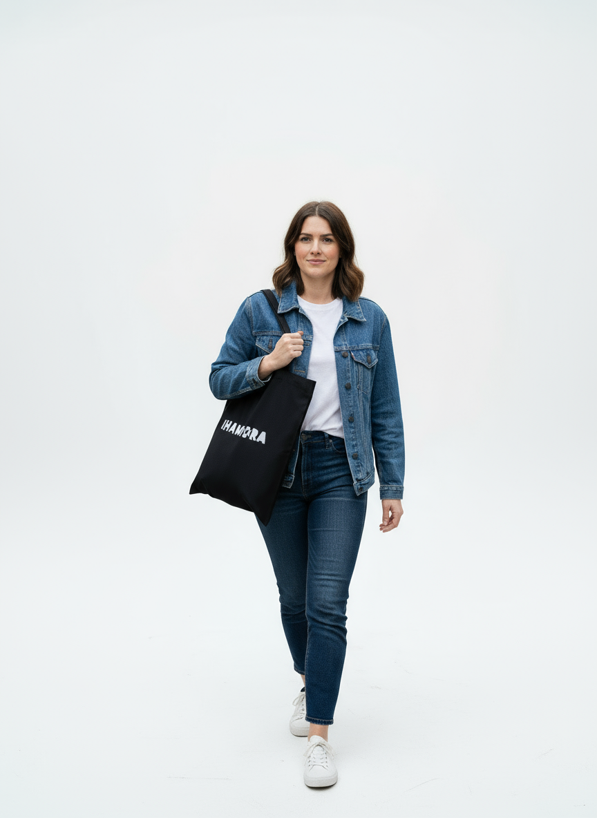A black IHAMORA cotton tote bag with the brand name printed in white, displayed on a hanger.