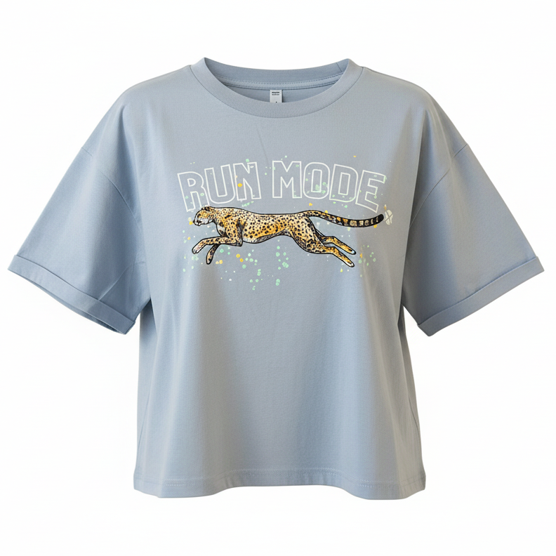 Light blue t-shirt with a cheetah graphic and 'RUN MODE' text on a white background
