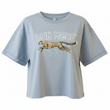 Light blue t-shirt with a cheetah graphic and 'RUN MODE' text on a white background