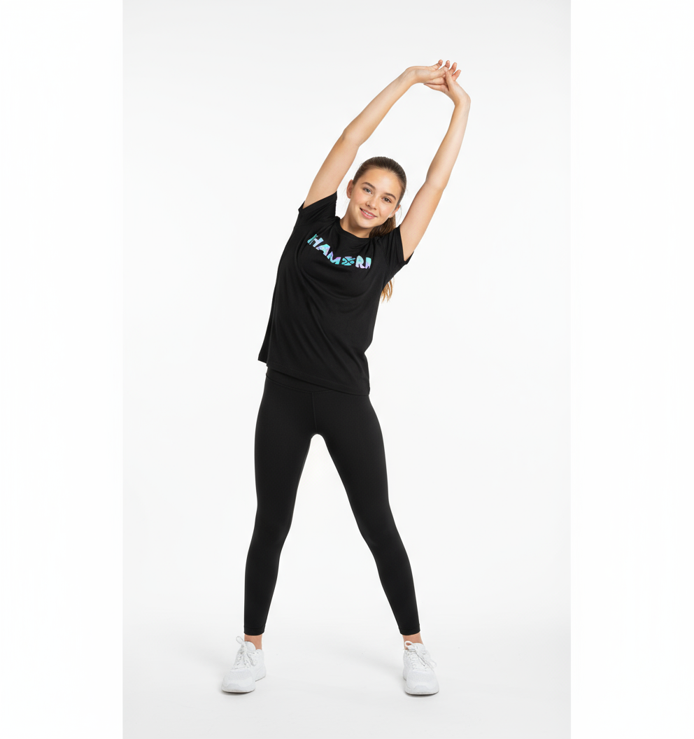 A black short-sleeved crew neck t-shirt with the IHAMORA logo in lime green detail.