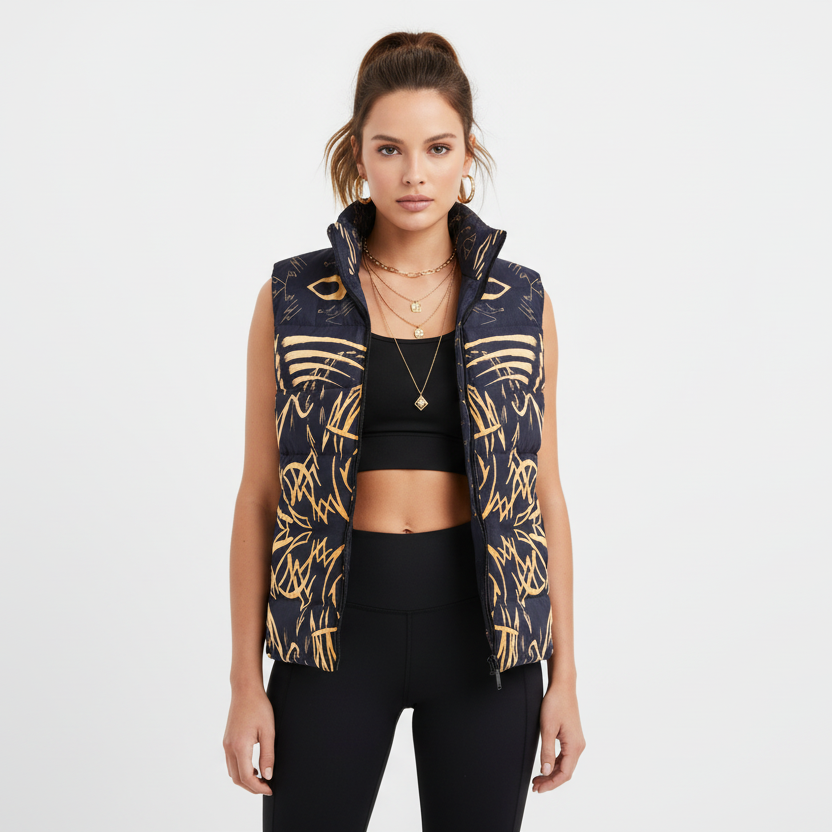 Black vest with gold abstract patterns on a light gray background