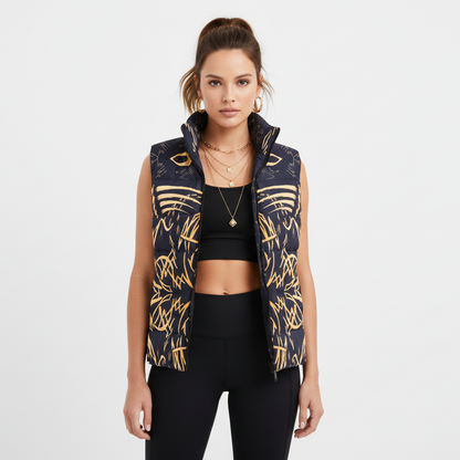 Black vest with gold abstract patterns on a light gray background