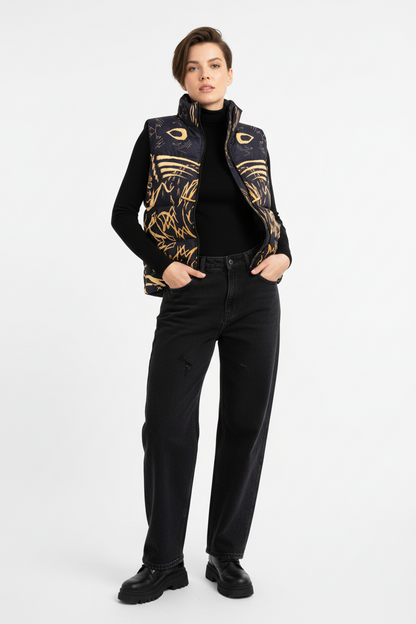 Black IHAMORA vest with gold abstract patterns on a light BLACK background