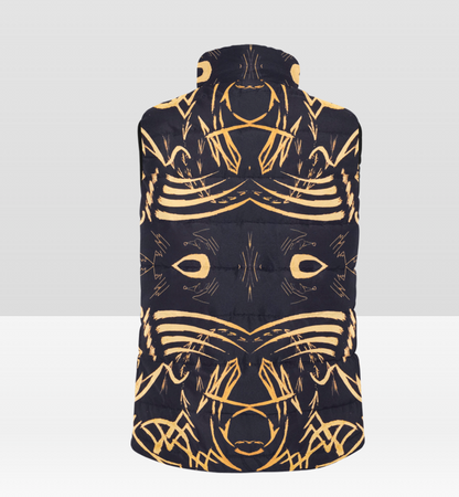 Black and gold patterned GILET on a light gray background