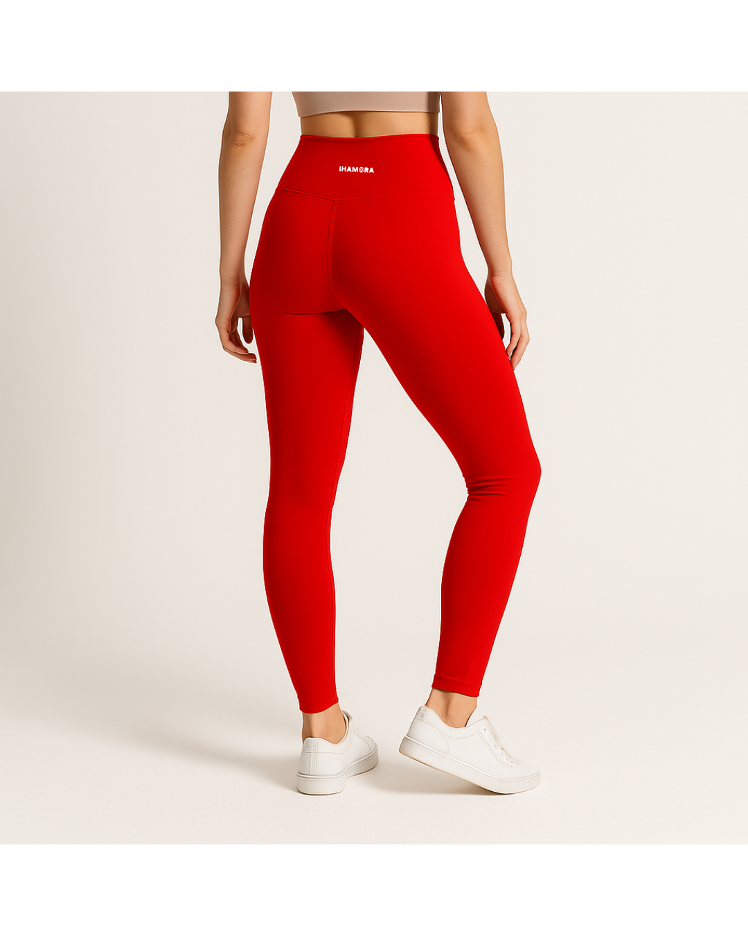 woman wearing Scarlet seamless red high-waisted leggings with visible side pockets, IHAMORA women’s activewear XS–XL