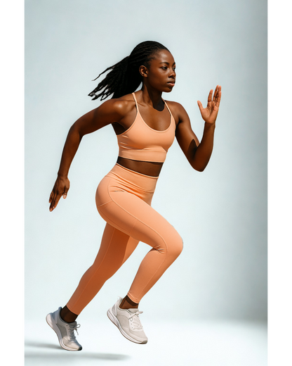 woman wearing orange Peach seamless high-waisted leggings with hip pockets, IHAMORA activewear XS–XL