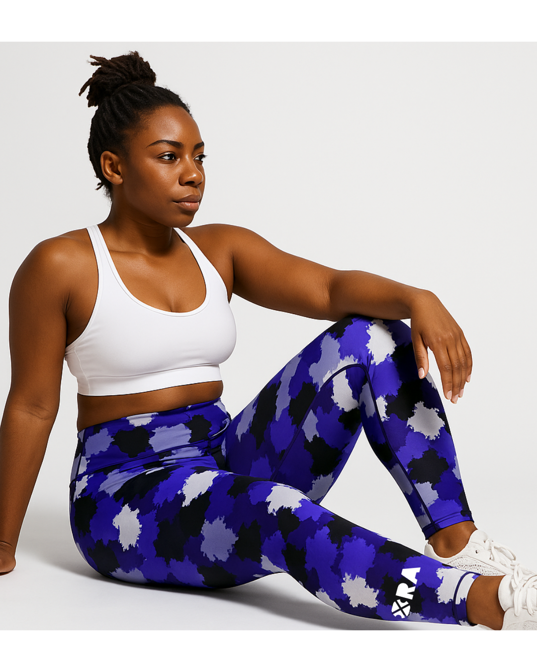 Model wearing IHAMORA Blue Camo High-Waisted Leggings with seamless fit and bold camouflage design, XS–4XL.