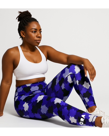 Model wearing IHAMORA Blue Camo High-Waisted Leggings with seamless fit and bold camouflage design, XS–4XL.