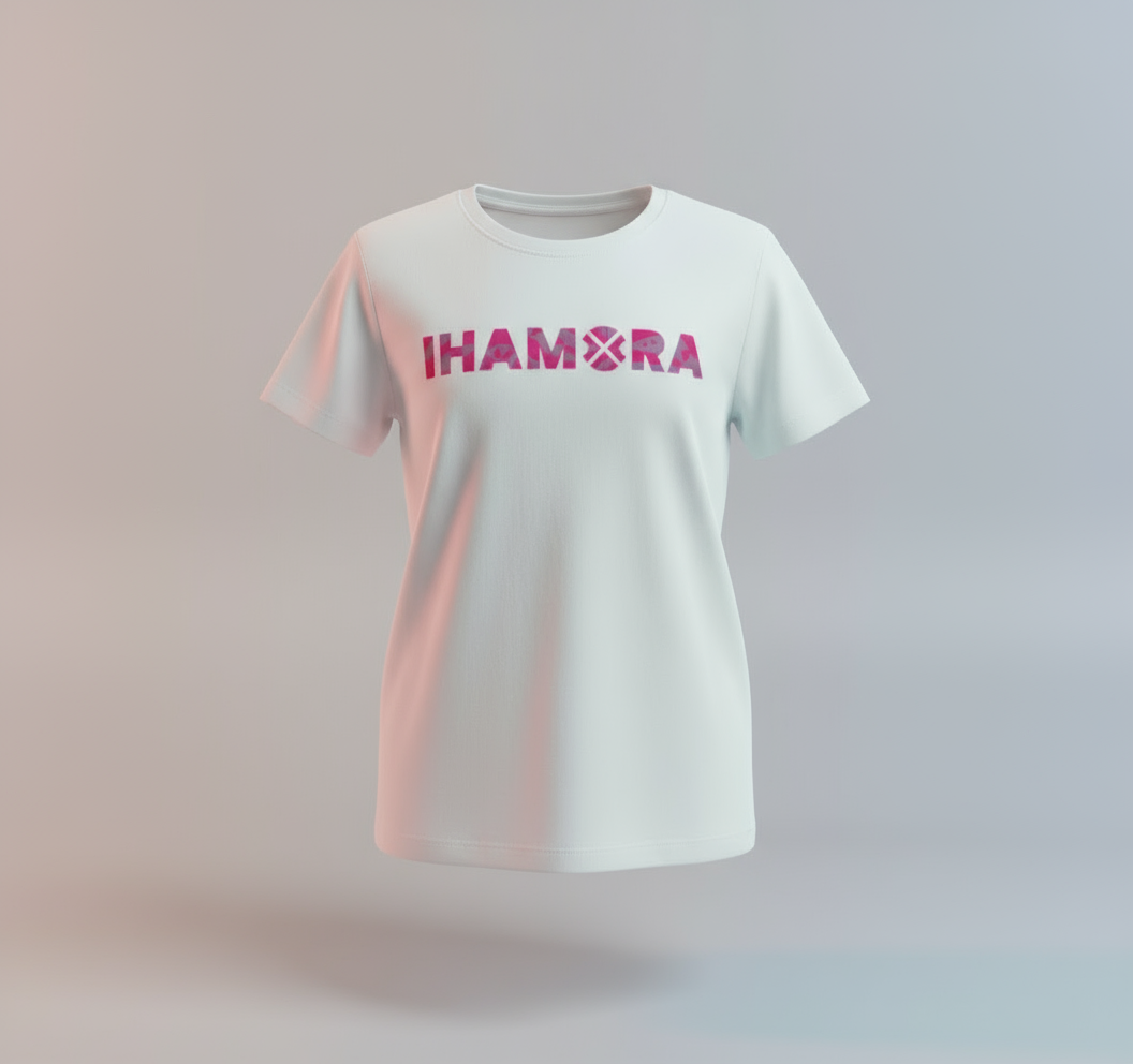 White t-shirt with 'IHAMORA' logo on a gradient background