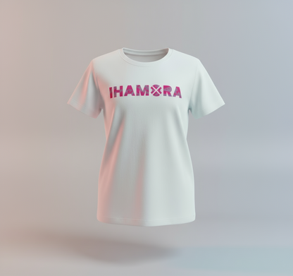 White t-shirt with 'IHAMORA' logo on a gradient background
