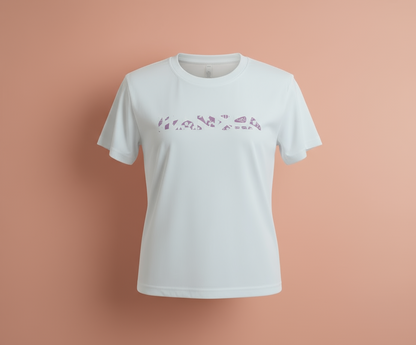 A white crew neck t-shirt with a pink graphic print in the center, displayed against a pink background.