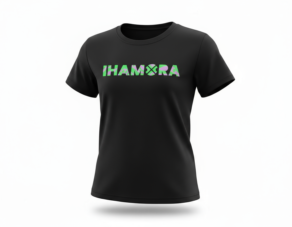 Black t-shirt with 'IHAMORA' logo on a white background