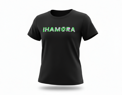 Black t-shirt with 'IHAMORA' logo on a white background