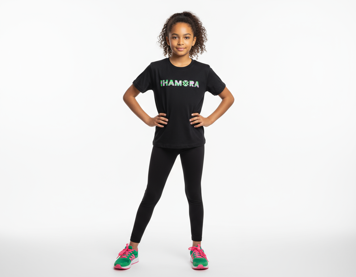 A black crew neck t-shirt with a pink graphic print in the center, displayed against a pink background.