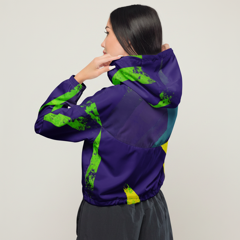 Person wearing a purple jacket with green and yellow patterns on a white background
