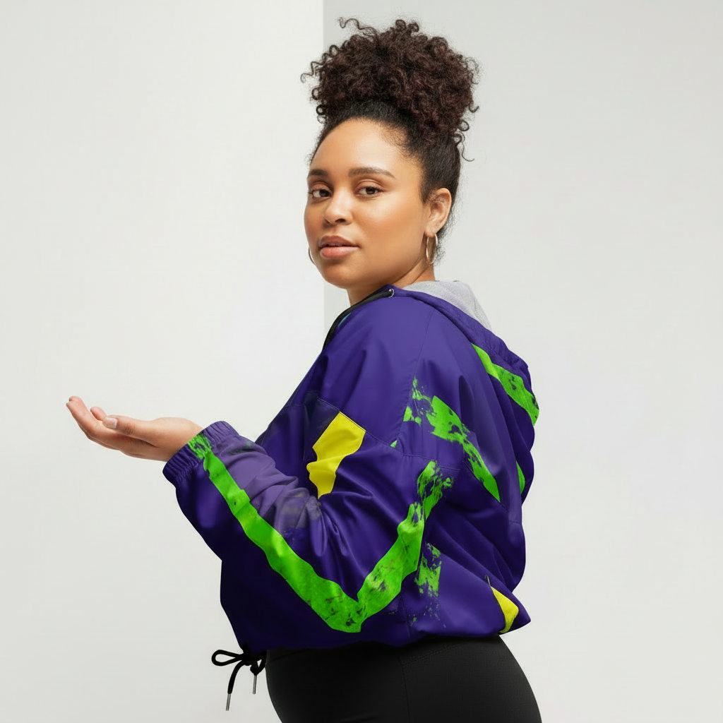 Person wearing a purple jacket with green and yellow designs, holding a drink.