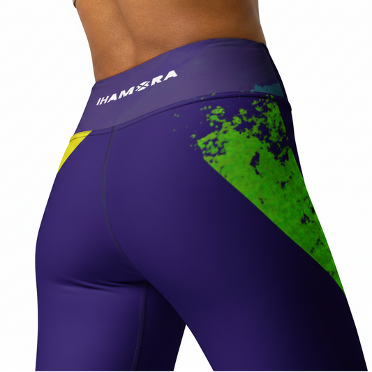 Blue athletic leggings with green pattern and 'IAMORA' branding on a white background