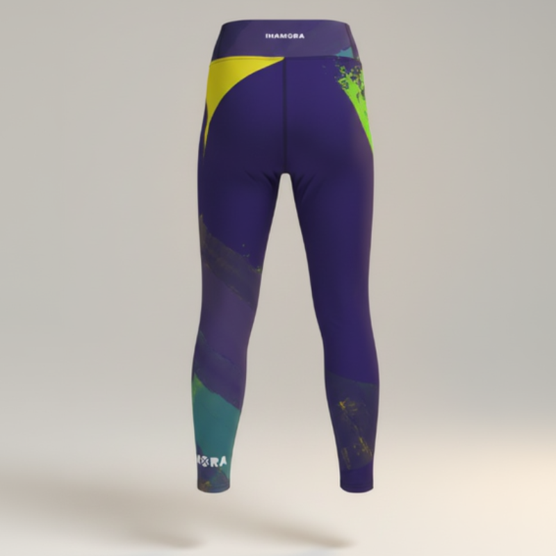 Multicolored leggings with a brand logo on a light gray background