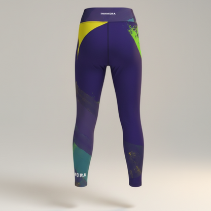 Multicolored leggings with a brand logo on a light gray background