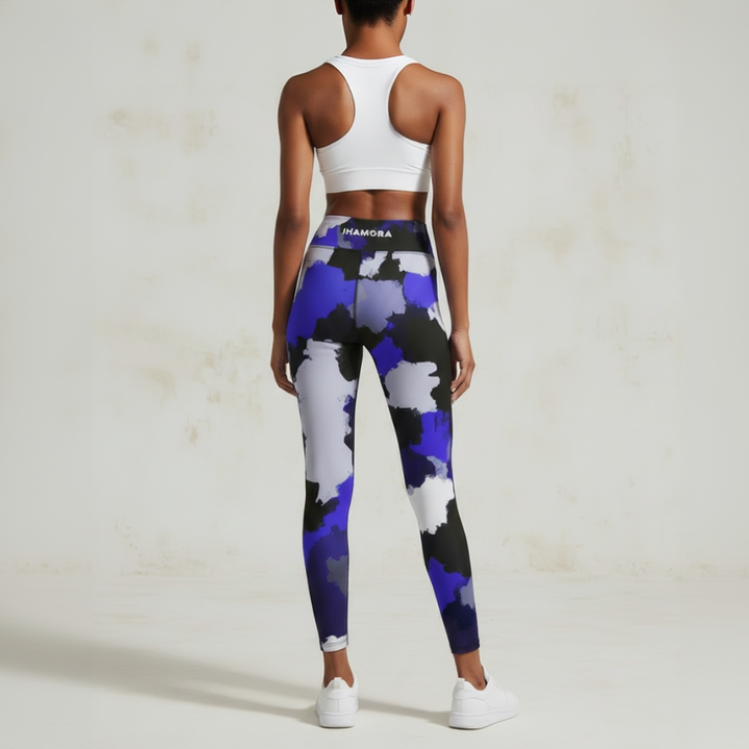 Colorful patterned leggings with 'HAMORA' branding on a white background