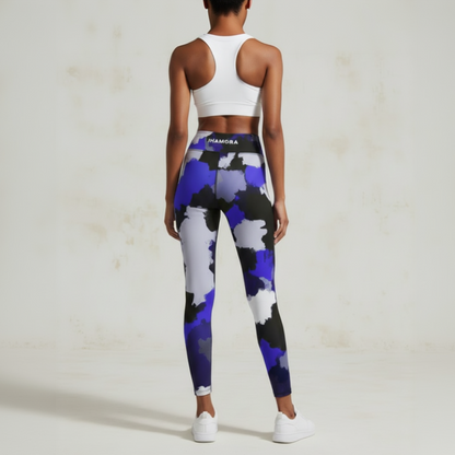 Colorful patterned leggings with 'HAMORA' branding on a white background