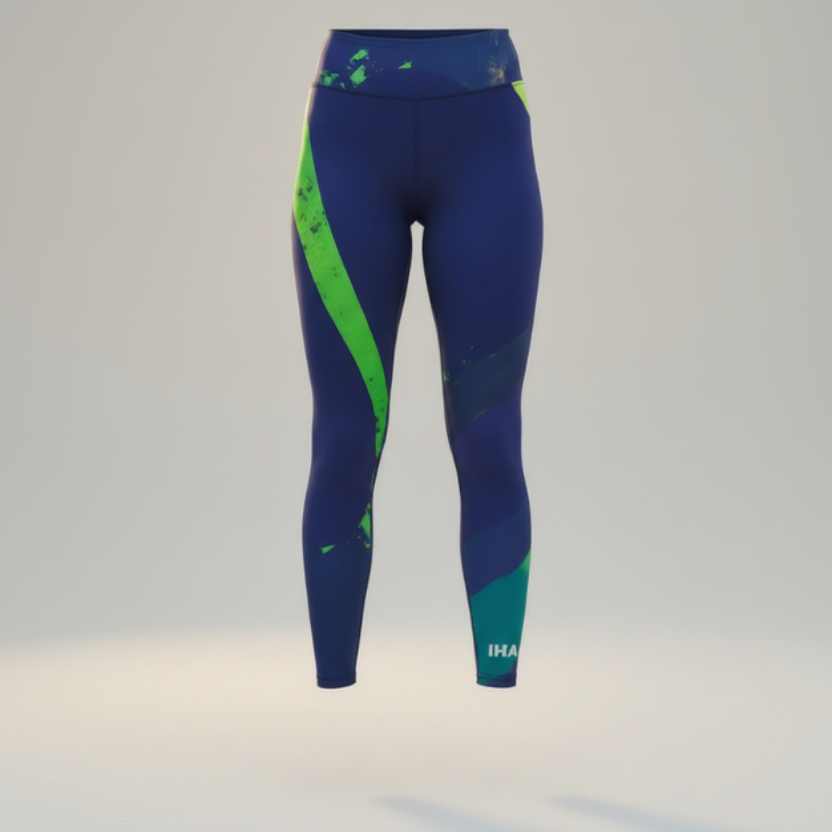 Blue and green leggings with a brand logo on a gray background