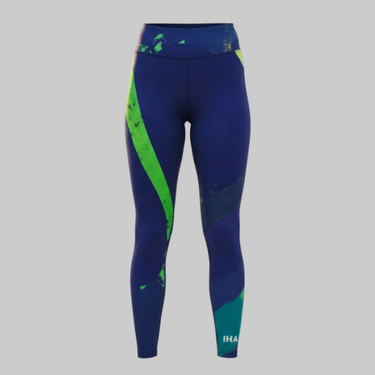 Blue and green leggings with a brand logo on a gray background