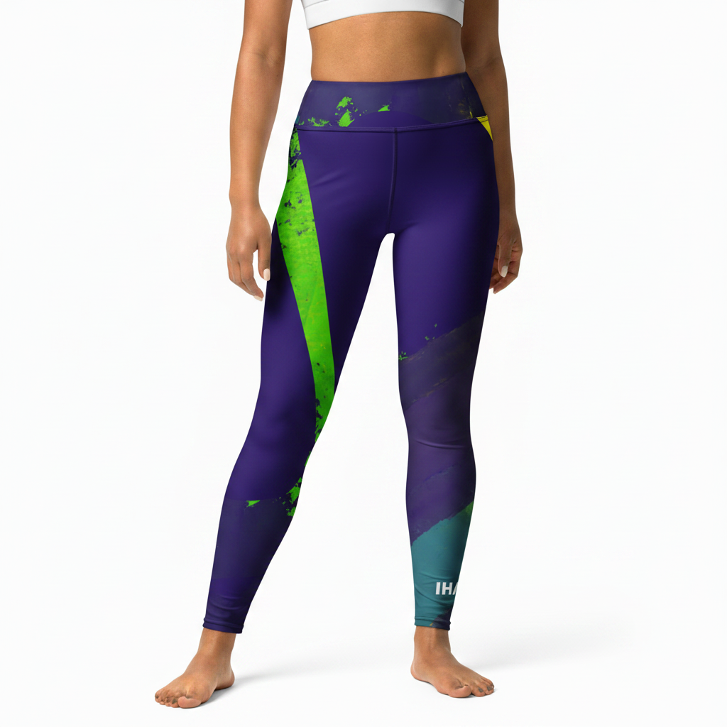 Purple leggings with green and blue accents on a white background