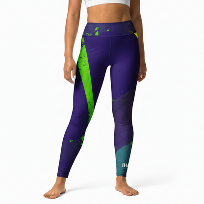 Purple leggings with green and blue accents on a white background
