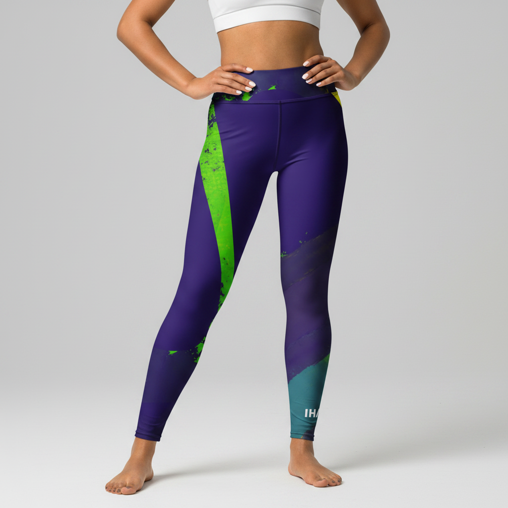 Purple leggings with green and blue accents on a white background