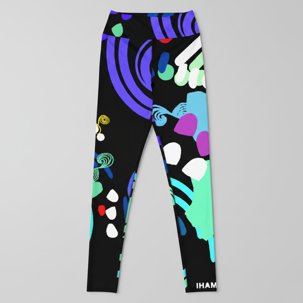 Colorful patterned leggings with abstract designs on a white background