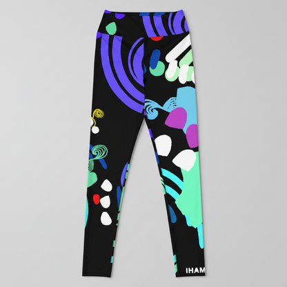 Colorful patterned leggings with abstract designs on a white background