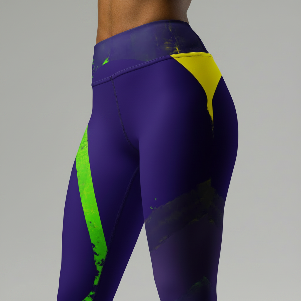 Purple leggings with green and yellow accents on a white background