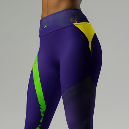 Purple leggings with green and yellow accents on a white background