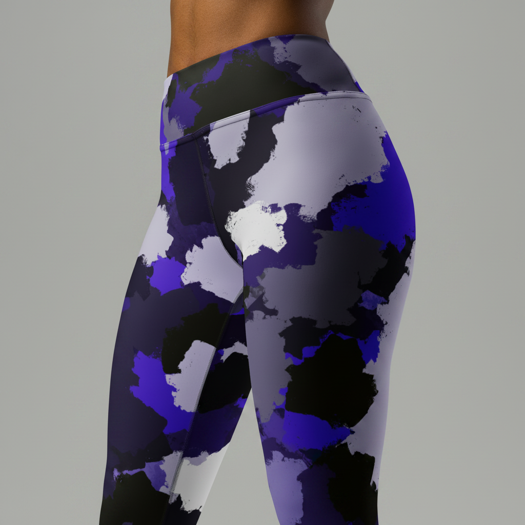 Purple camouflage leggings on a white background